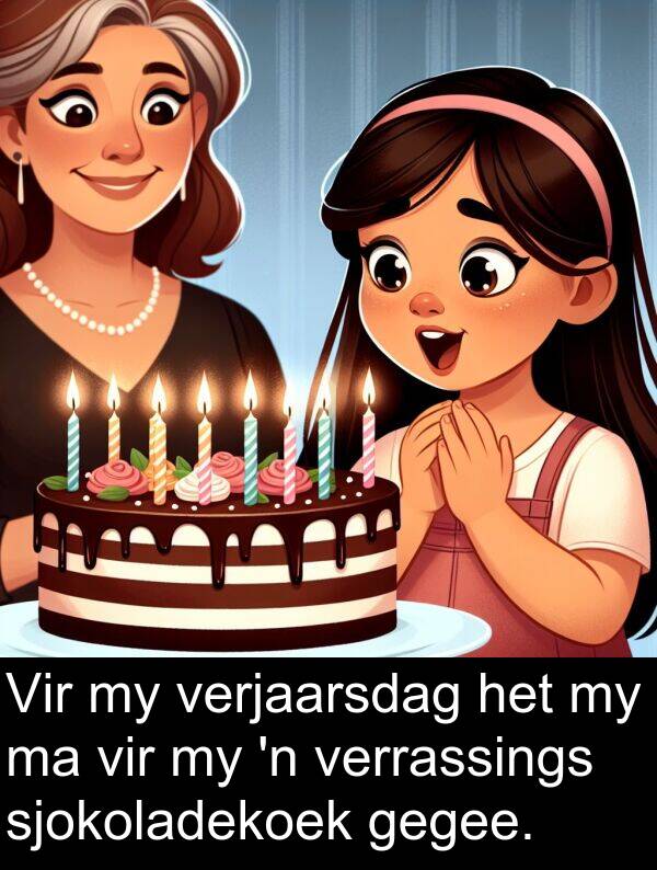 gegee: Vir my verjaarsdag het my ma vir my 'n verrassings sjokoladekoek gegee.
