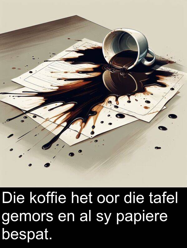 bespat: Die koffie het oor die tafel gemors en al sy papiere bespat.