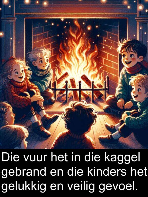 veilig: Die vuur het in die kaggel gebrand en die kinders het gelukkig en veilig gevoel.