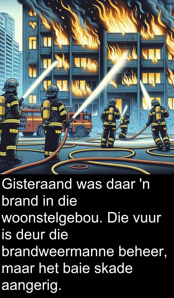 woonstelgebou: Gisteraand was daar 'n brand in die woonstelgebou. Die vuur is deur die brandweermanne beheer, maar het baie skade aangerig.