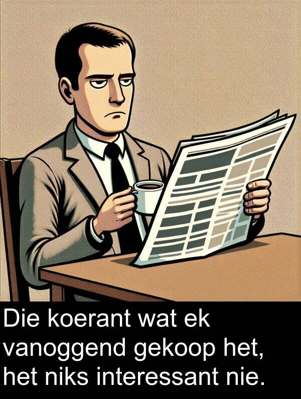 niks: Die koerant wat ek vanoggend gekoop het, het niks interessant nie.