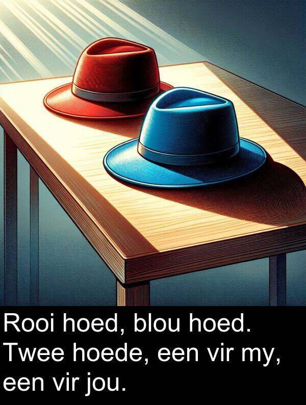 hoede: Rooi hoed, blou hoed. Twee hoede, een vir my, een vir jou.