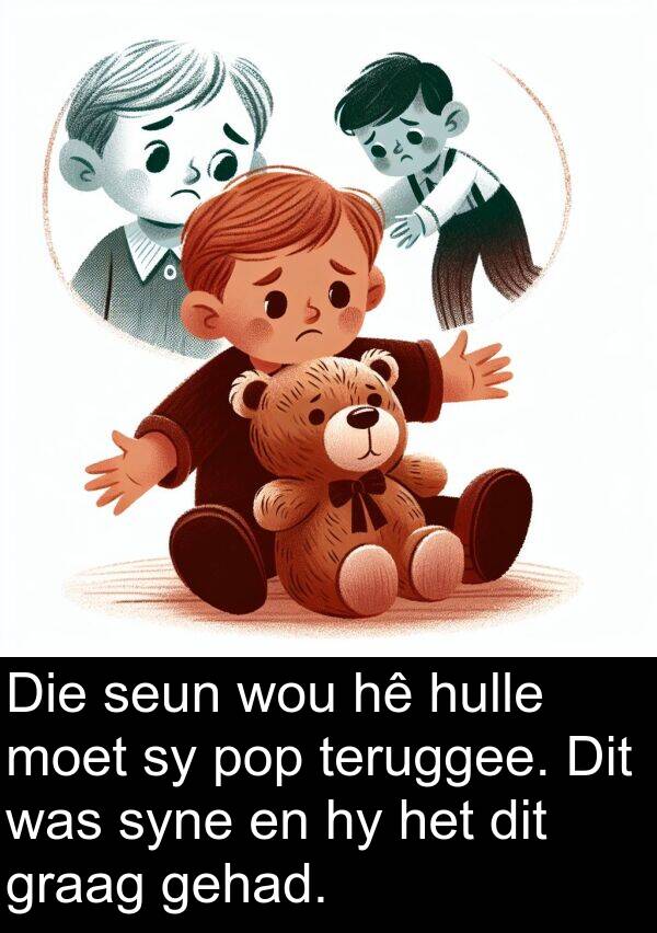teruggee: Die seun wou hê hulle moet sy pop teruggee. Dit was syne en hy het dit graag gehad.