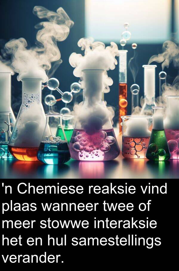 samestellings: 'n Chemiese reaksie vind plaas wanneer twee of meer stowwe interaksie het en hul samestellings verander.