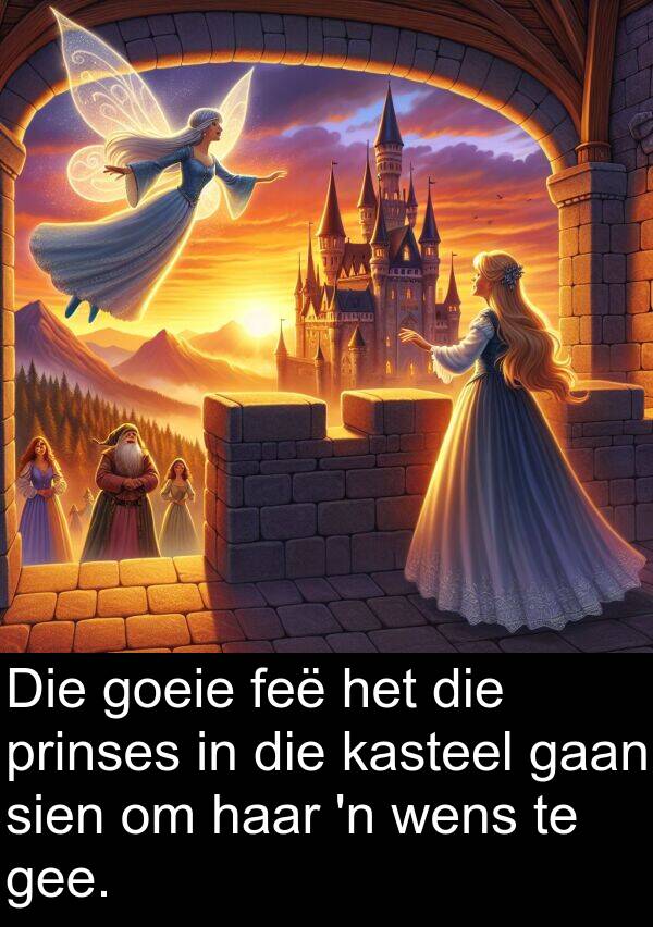 gee: Die goeie feë het die prinses in die kasteel gaan sien om haar 'n wens te gee.