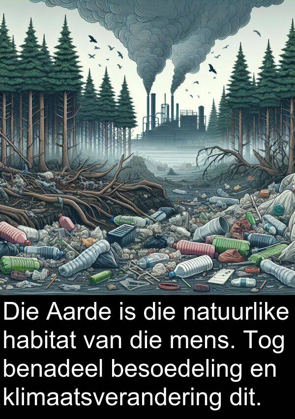 habitat: Die Aarde is die natuurlike habitat van die mens. Tog benadeel besoedeling en klimaatsverandering dit.