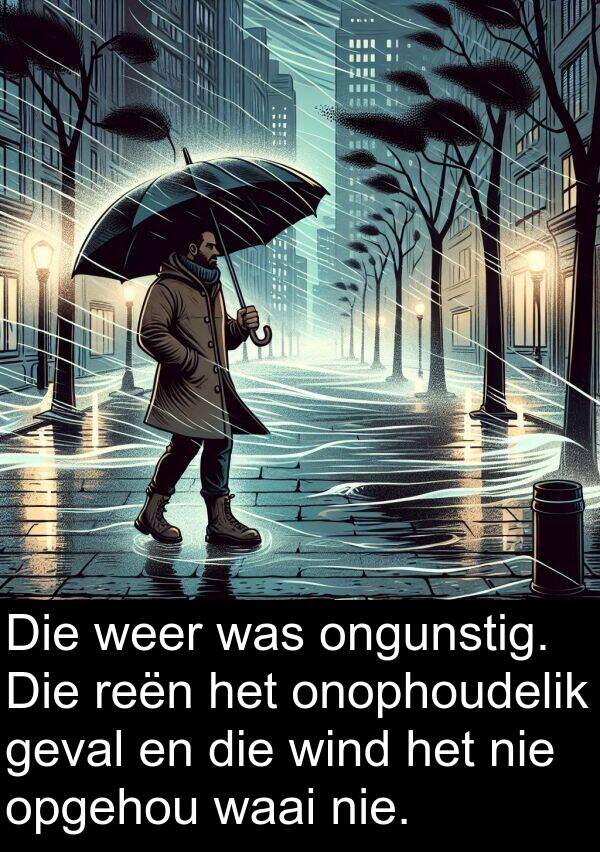 waai: Die weer was ongunstig. Die reën het onophoudelik geval en die wind het nie opgehou waai nie.