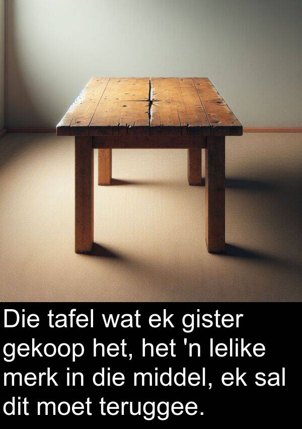 teruggee: Die tafel wat ek gister gekoop het, het 'n lelike merk in die middel, ek sal dit moet teruggee.