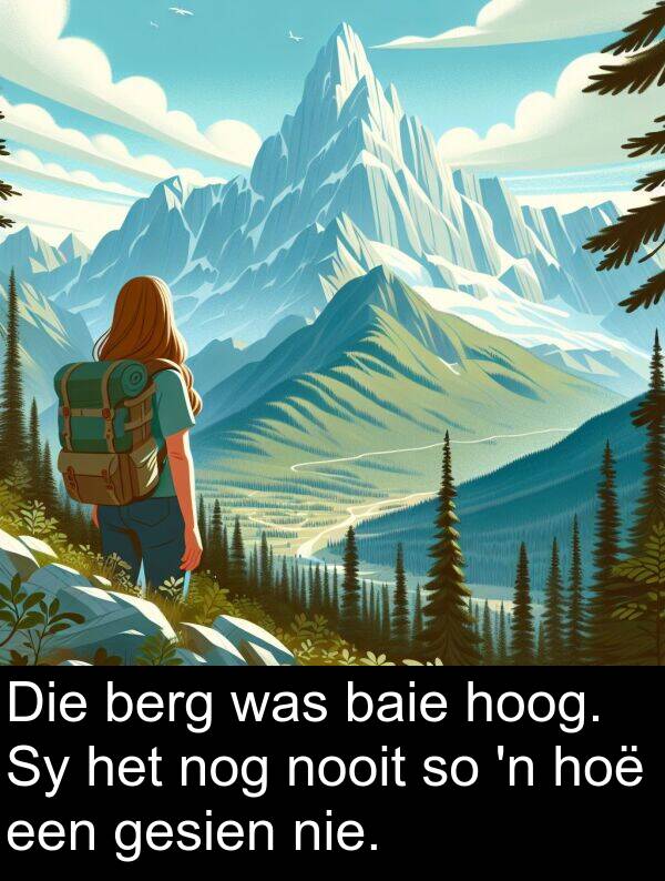 hoog: Die berg was baie hoog. Sy het nog nooit so 'n hoë een gesien nie.