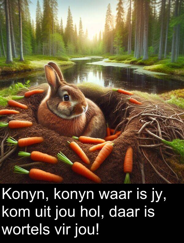 hol: Konyn, konyn waar is jy, kom uit jou hol, daar is wortels vir jou!