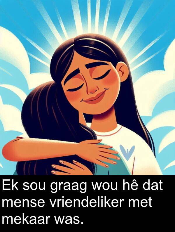 mekaar: Ek sou graag wou hê dat mense vriendeliker met mekaar was.