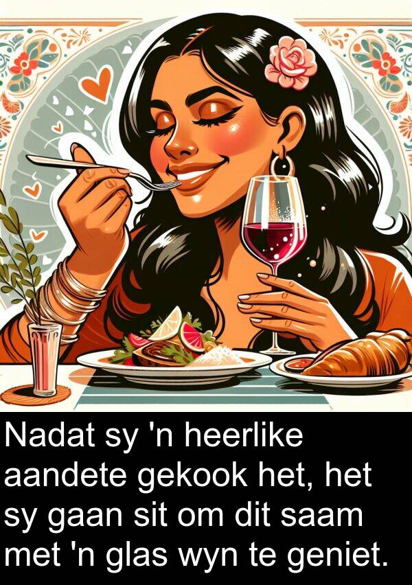 heerlike: Nadat sy 'n heerlike aandete gekook het, het sy gaan sit om dit saam met 'n glas wyn te geniet.