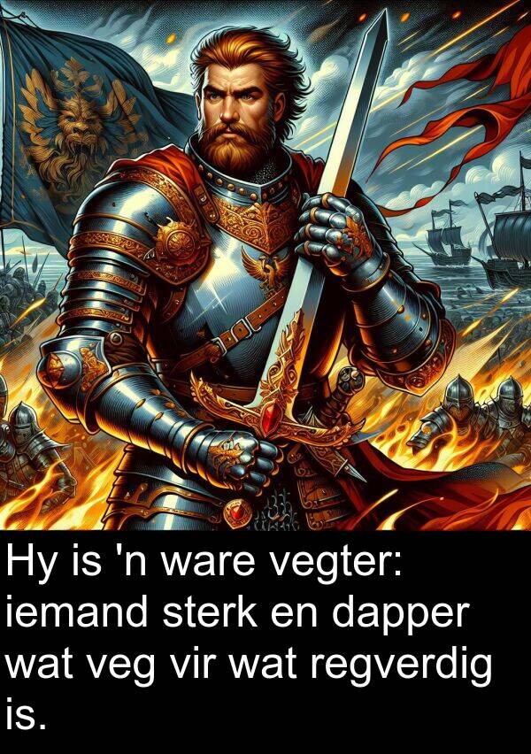 iemand: Hy is 'n ware vegter: iemand sterk en dapper wat veg vir wat regverdig is.