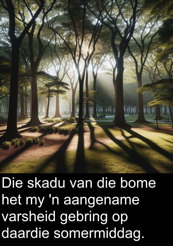 aangename: Die skadu van die bome het my 'n aangename varsheid gebring op daardie somermiddag.