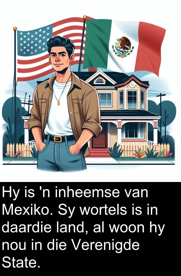 inheemse: Hy is 'n inheemse van Mexiko. Sy wortels is in daardie land, al woon hy nou in die Verenigde State.