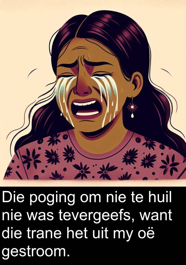 tevergeefs: Die poging om nie te huil nie was tevergeefs, want die trane het uit my oë gestroom.
