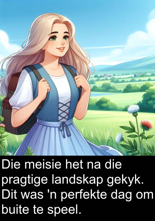 gekyk: Die meisie het na die pragtige landskap gekyk. Dit was 'n perfekte dag om buite te speel.