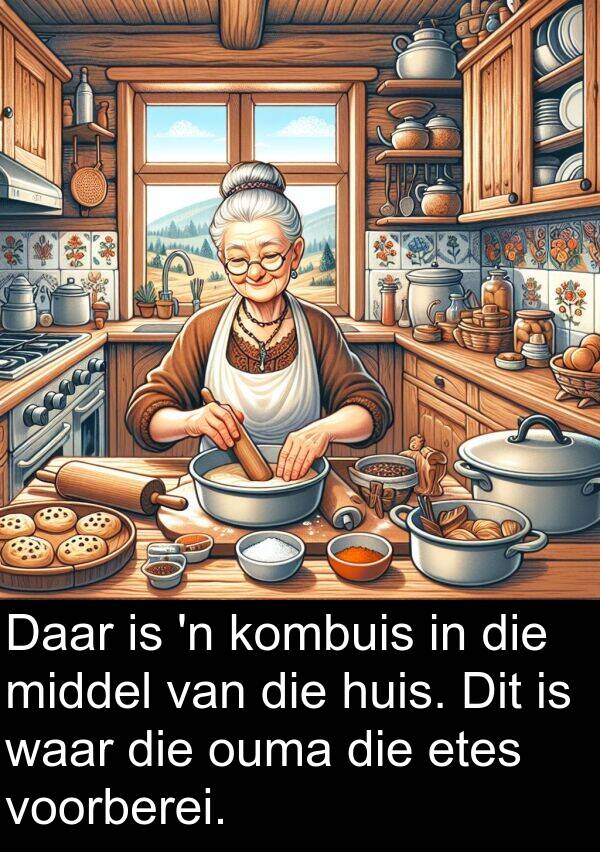 middel: Daar is 'n kombuis in die middel van die huis. Dit is waar die ouma die etes voorberei.