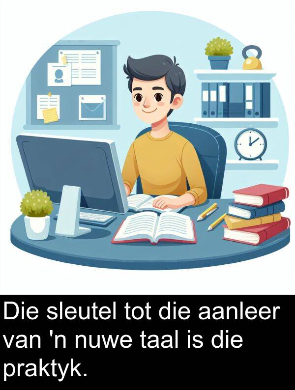 aanleer: Die sleutel tot die aanleer van 'n nuwe taal is die praktyk.