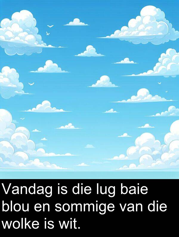 wolke: Vandag is die lug baie blou en sommige van die wolke is wit.