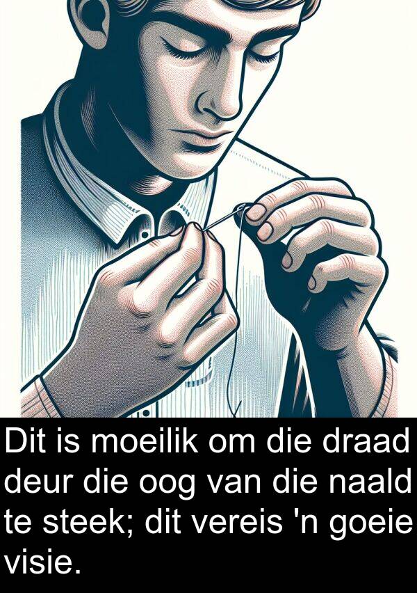 draad: Dit is moeilik om die draad deur die oog van die naald te steek; dit vereis 'n goeie visie.