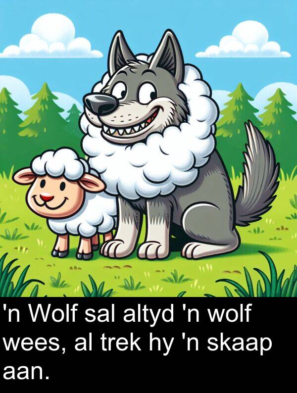 aan: 'n Wolf sal altyd 'n wolf wees, al trek hy 'n skaap aan.