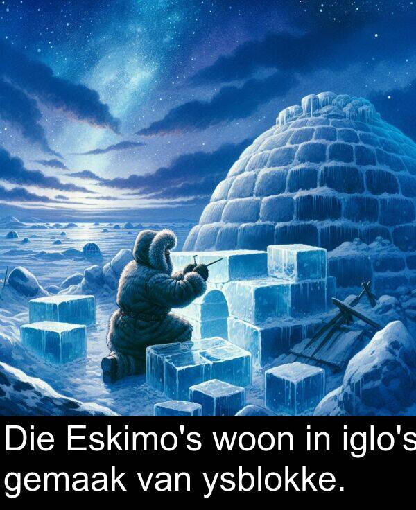 woon: Die Eskimo's woon in iglo's gemaak van ysblokke.