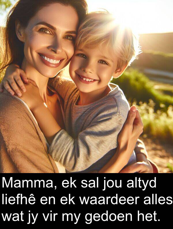 waardeer: Mamma, ek sal jou altyd liefhê en ek waardeer alles wat jy vir my gedoen het.