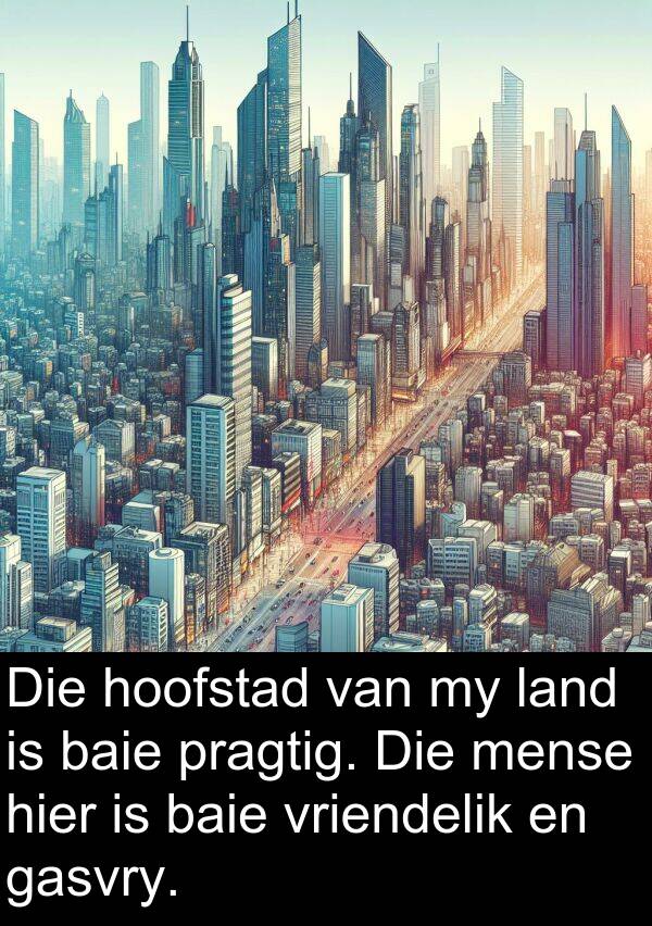 gasvry: Die hoofstad van my land is baie pragtig. Die mense hier is baie vriendelik en gasvry.