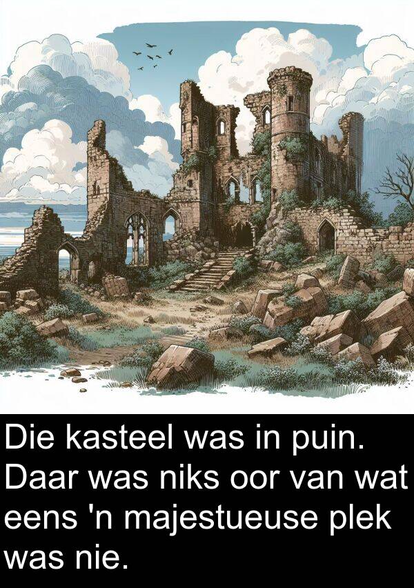 niks: Die kasteel was in puin. Daar was niks oor van wat eens 'n majestueuse plek was nie.