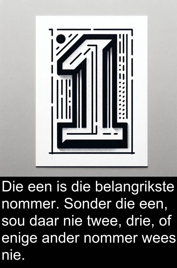 drie: Die een is die belangrikste nommer. Sonder die een, sou daar nie twee, drie, of enige ander nommer wees nie.