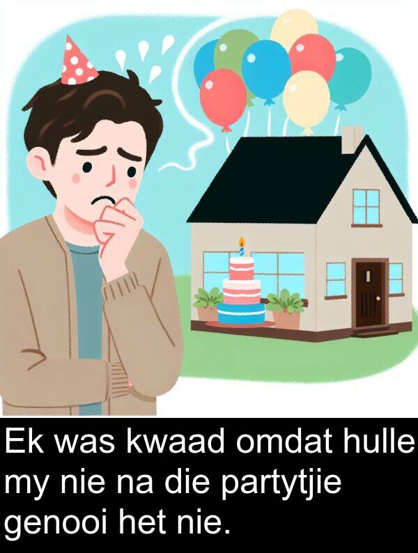 partytjie: Ek was kwaad omdat hulle my nie na die partytjie genooi het nie.