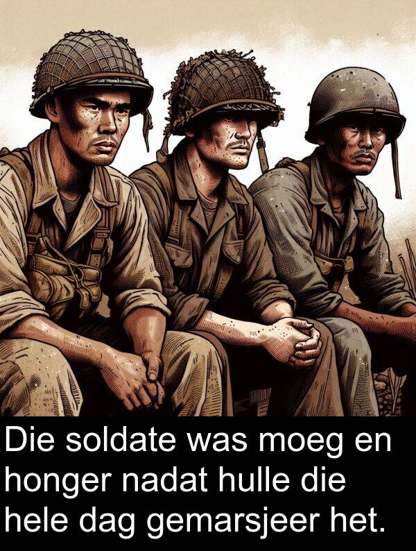 honger: Die soldate was moeg en honger nadat hulle die hele dag gemarsjeer het.
