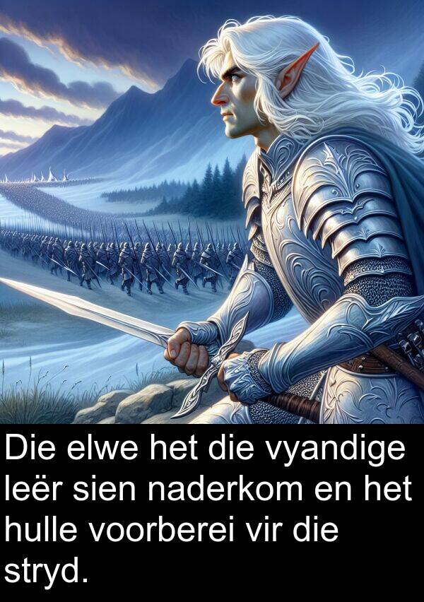 naderkom: Die elwe het die vyandige leër sien naderkom en het hulle voorberei vir die stryd.