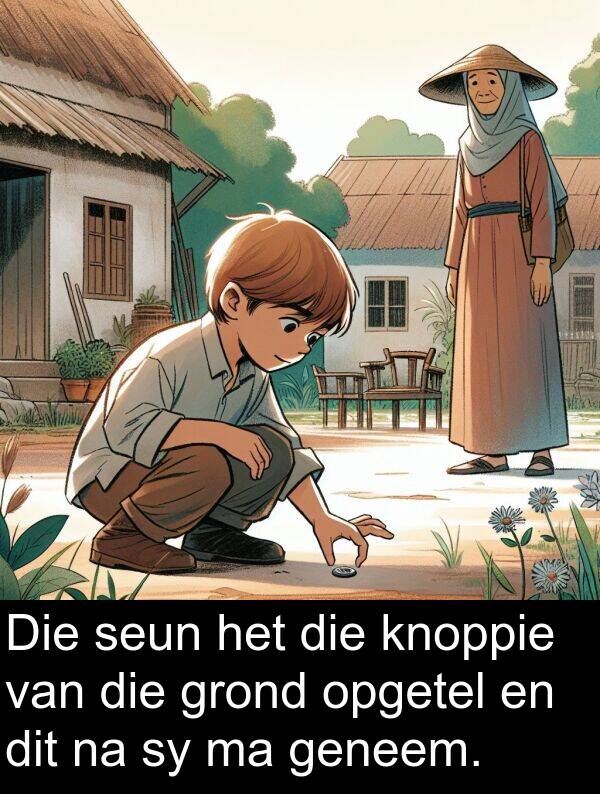 geneem: Die seun het die knoppie van die grond opgetel en dit na sy ma geneem.