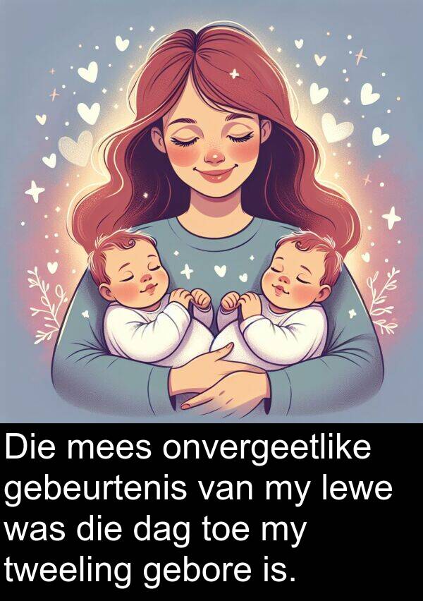 gebeurtenis: Die mees onvergeetlike gebeurtenis van my lewe was die dag toe my tweeling gebore is.
