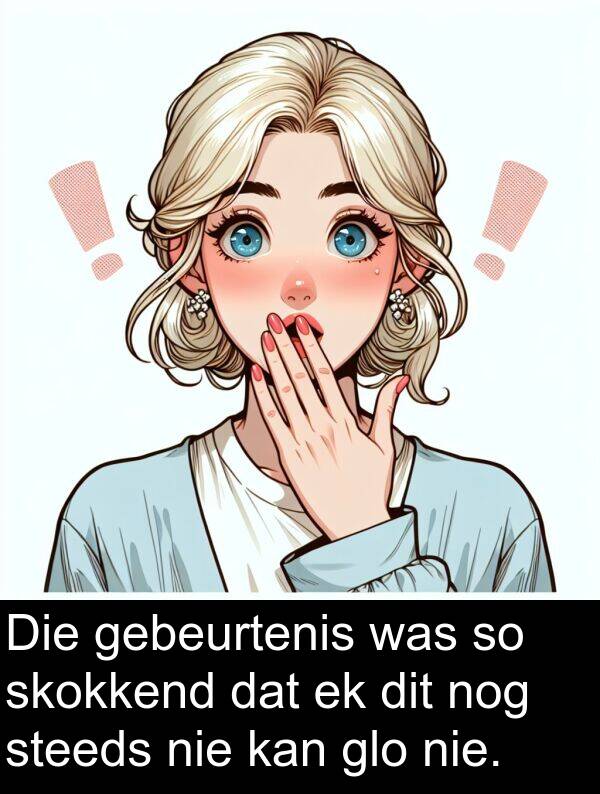 gebeurtenis: Die gebeurtenis was so skokkend dat ek dit nog steeds nie kan glo nie.