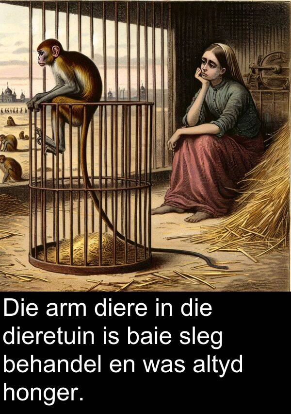 honger: Die arm diere in die dieretuin is baie sleg behandel en was altyd honger.