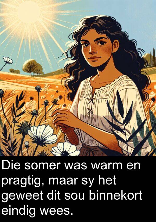 eindig: Die somer was warm en pragtig, maar sy het geweet dit sou binnekort eindig wees.