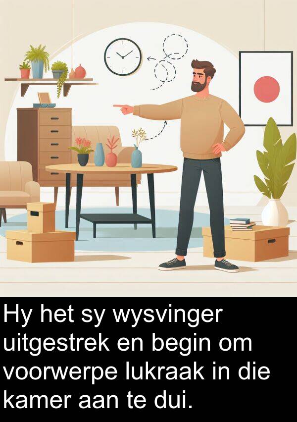 uitgestrek: Hy het sy wysvinger uitgestrek en begin om voorwerpe lukraak in die kamer aan te dui.