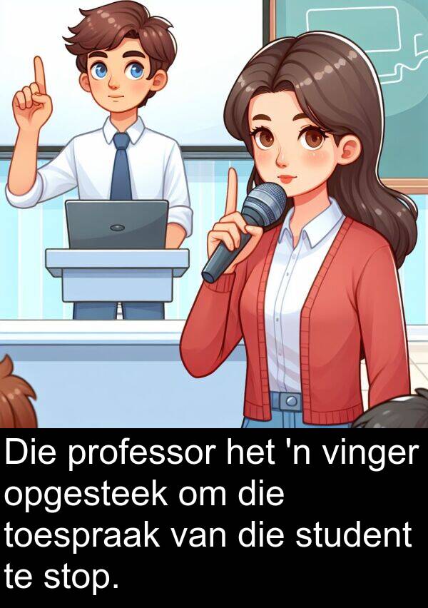 professor: Die professor het 'n vinger opgesteek om die toespraak van die student te stop.