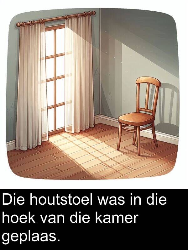 hoek: Die houtstoel was in die hoek van die kamer geplaas.