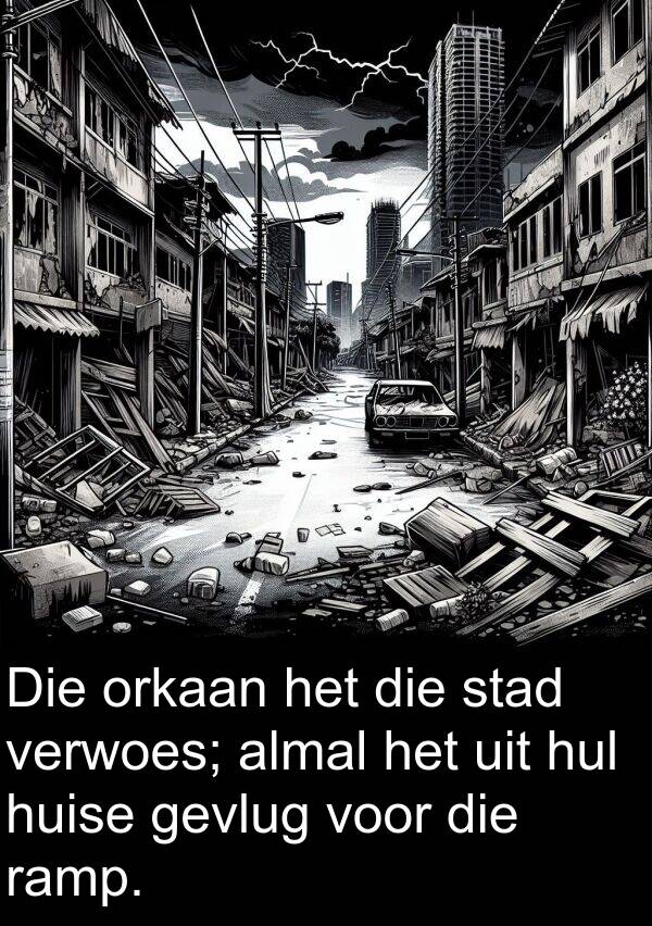 ramp: Die orkaan het die stad verwoes; almal het uit hul huise gevlug voor die ramp.