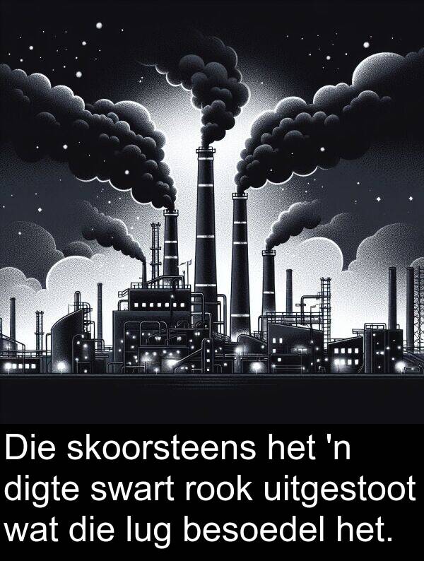 digte: Die skoorsteens het 'n digte swart rook uitgestoot wat die lug besoedel het.