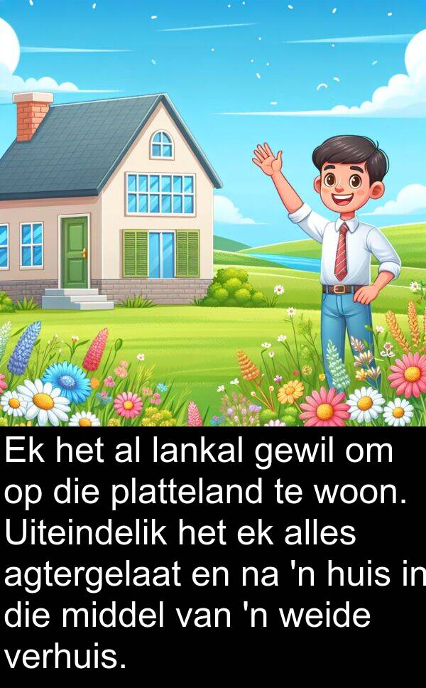 middel: Ek het al lankal gewil om op die platteland te woon. Uiteindelik het ek alles agtergelaat en na 'n huis in die middel van 'n weide verhuis.