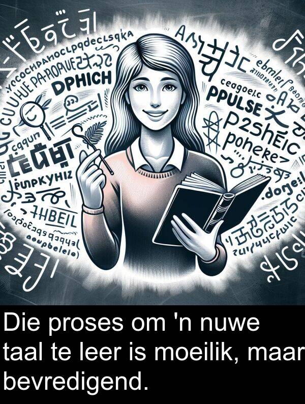 proses: Die proses om 'n nuwe taal te leer is moeilik, maar bevredigend.