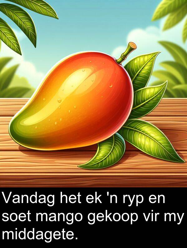 gekoop: Vandag het ek 'n ryp en soet mango gekoop vir my middagete.