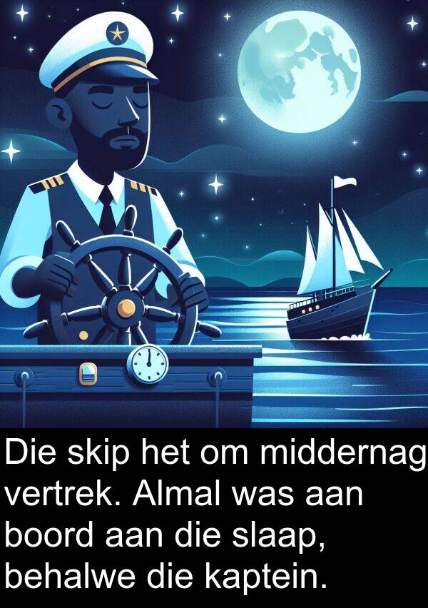 middernag: Die skip het om middernag vertrek. Almal was aan boord aan die slaap, behalwe die kaptein.