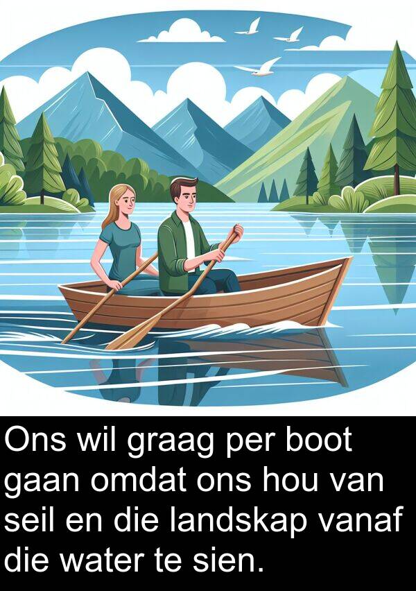 seil: Ons wil graag per boot gaan omdat ons hou van seil en die landskap vanaf die water te sien.