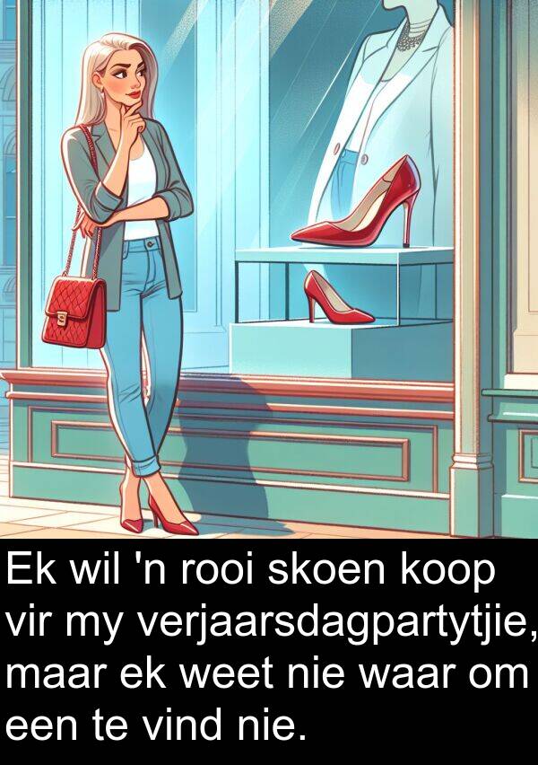 rooi: Ek wil 'n rooi skoen koop vir my verjaarsdagpartytjie, maar ek weet nie waar om een te vind nie.